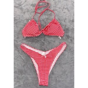 Cupshe Bikini Set Swimsuit Womens Medium Red White Gingham Check Halter Neck